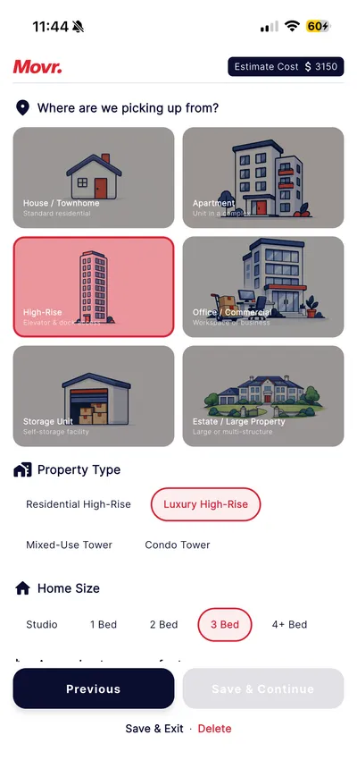 Movr app booking step with property type, home size, and a live Estimate Cost at the top