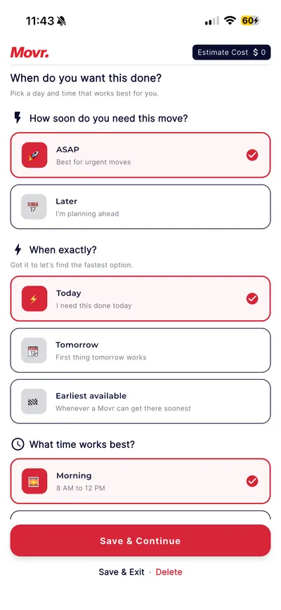 Movr app scheduling step with ASAP, Today, and Tomorrow options