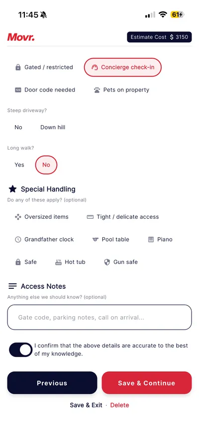 Movr app access details step for gate codes, elevators, and special handling
