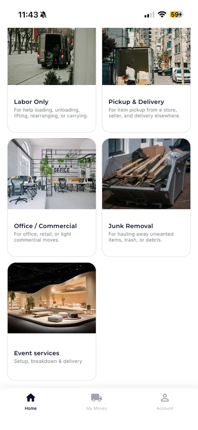 Movr app services including Office and Commercial, Junk Removal, and Event services